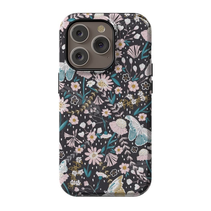 iPhone 14 Pro StrongFit Delicate Daisies and Butterflies half-drop repeat pattern on Black by Paula Ohreen