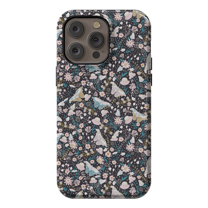 iPhone 14 Pro max StrongFit Delicate Daisies and Butterflies half-drop repeat pattern on Black by Paula Ohreen