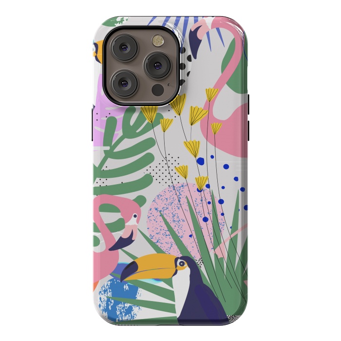 iPhone 14 Pro max StrongFit Tropical Spring | Pastel Quirky Modern Bohemian Jungle Botanical | Flamingo Palm Cockatoo Birds by Uma Prabhakar Gokhale
