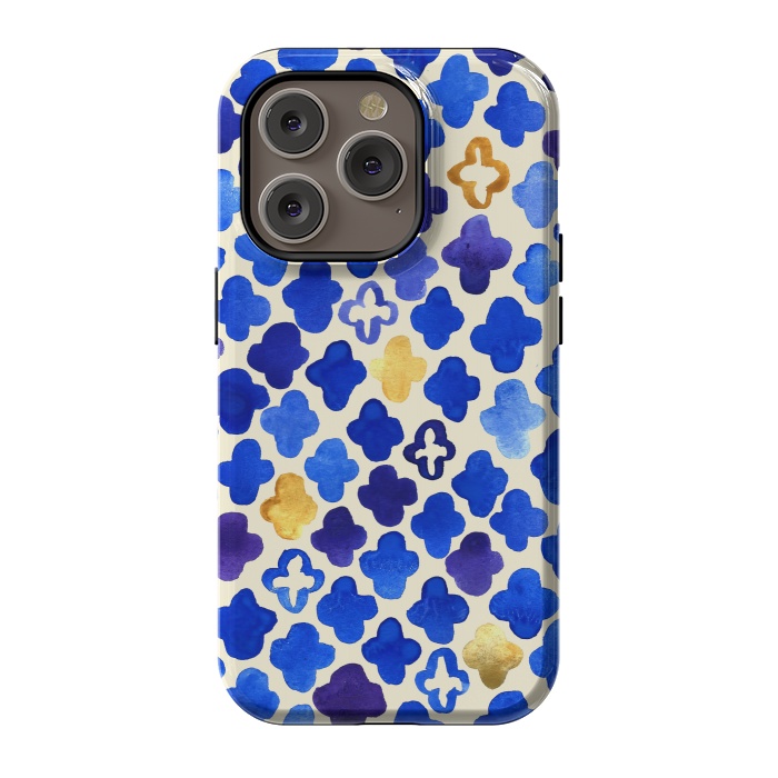iPhone 14 Pro StrongFit Rustic Watercolor Moroccan in Royal Blue & Gold by Tangerine-Tane