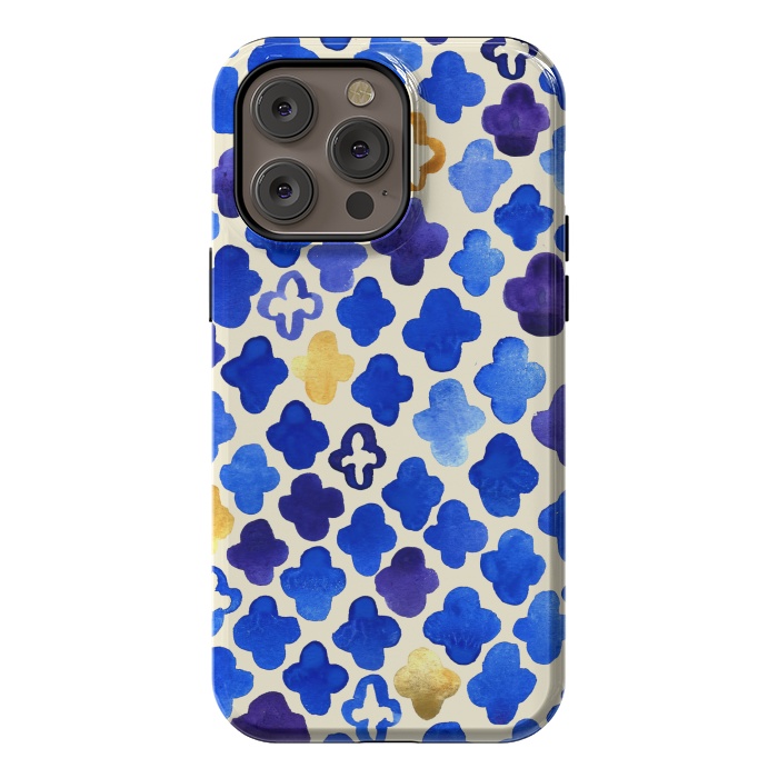 iPhone 14 Pro max StrongFit Rustic Watercolor Moroccan in Royal Blue & Gold by Tangerine-Tane