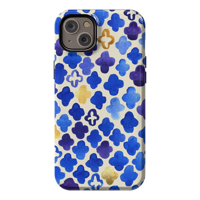 iPhone 14 Plus StrongFit Rustic Watercolor Moroccan in Royal Blue & Gold by Tangerine-Tane
