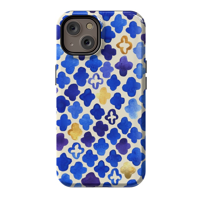 iPhone 14 StrongFit Rustic Watercolor Moroccan in Royal Blue & Gold by Tangerine-Tane
