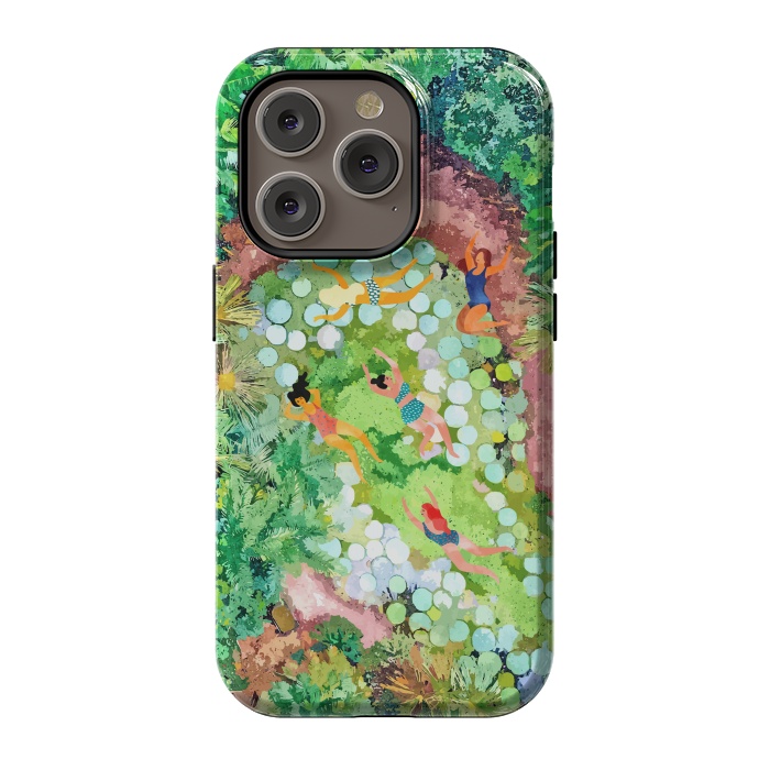 iPhone 14 Pro StrongFit Tropical Vacay | Rainforest Jungle Botanical Lush Nature | Summer Lake People Swim | Boho Painting by Uma Prabhakar Gokhale
