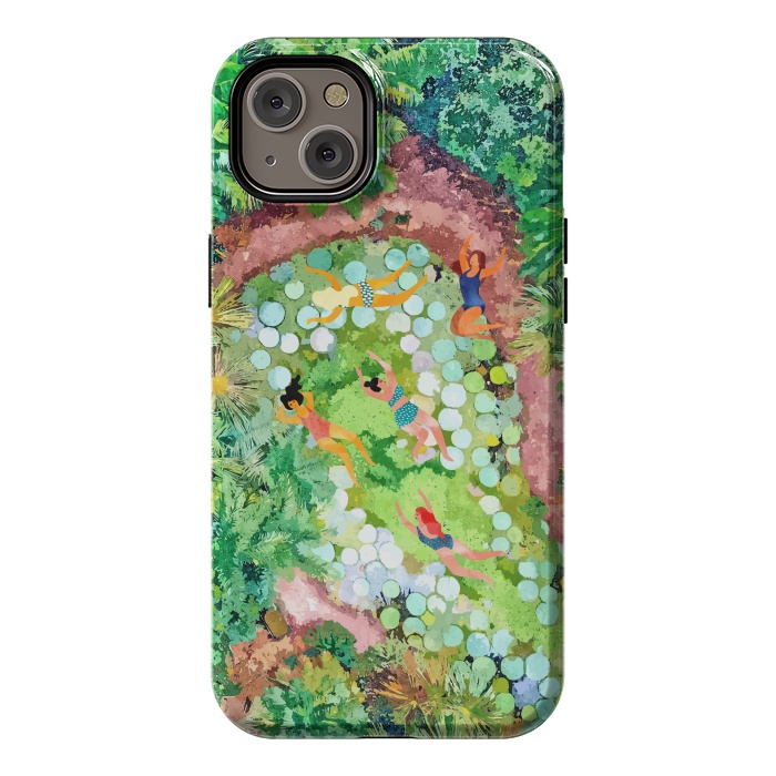 iPhone 14 Plus StrongFit Tropical Vacay | Rainforest Jungle Botanical Lush Nature | Summer Lake People Swim | Boho Painting by Uma Prabhakar Gokhale