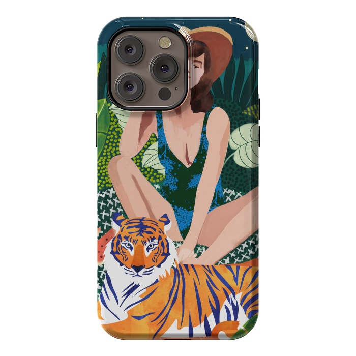 iPhone 14 Pro max StrongFit Living In The Jungle, Tiger Tropical Picnic Illustration, Forest Woman Bohemian Travel Camp Wild by Uma Prabhakar Gokhale