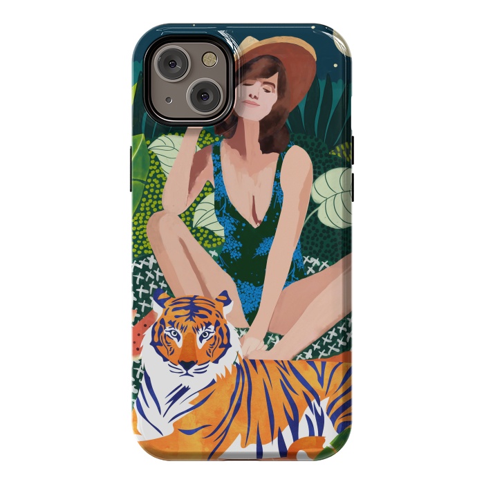 iPhone 14 Plus StrongFit Living In The Jungle, Tiger Tropical Picnic Illustration, Forest Woman Bohemian Travel Camp Wild by Uma Prabhakar Gokhale