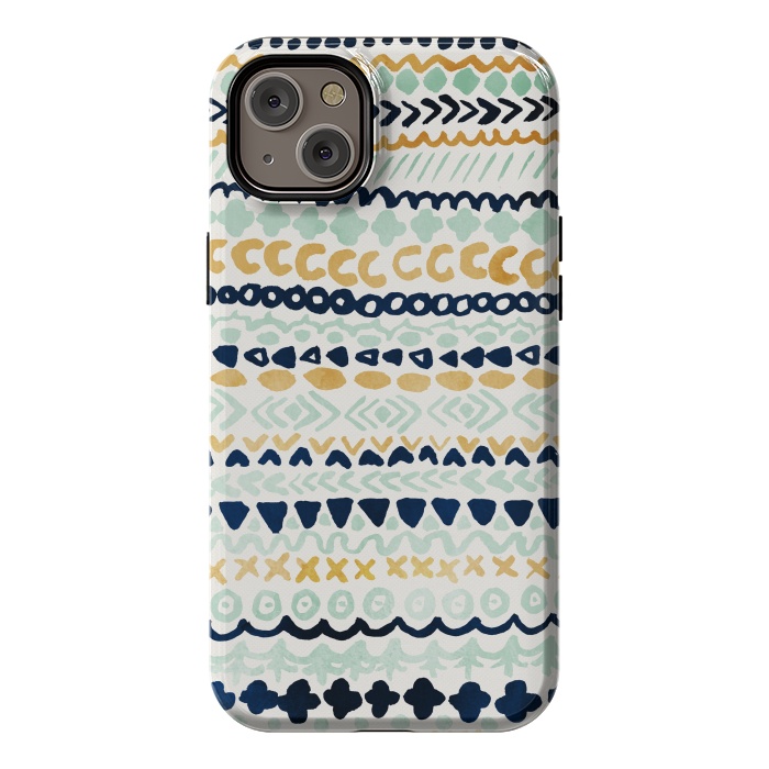 iPhone 14 Plus StrongFit Navy, Teal & Mustard Tribal by Tangerine-Tane