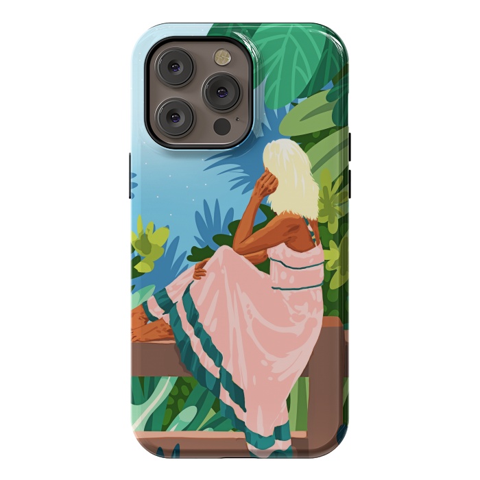 iPhone 14 Pro max StrongFit Forest Moon, Bohemian Woman Jungle Nature Tropical Colorful Travel Fashion Illustration by Uma Prabhakar Gokhale