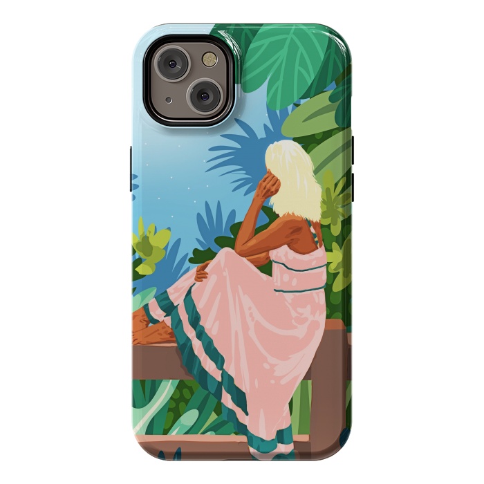 iPhone 14 Plus StrongFit Forest Moon, Bohemian Woman Jungle Nature Tropical Colorful Travel Fashion Illustration by Uma Prabhakar Gokhale