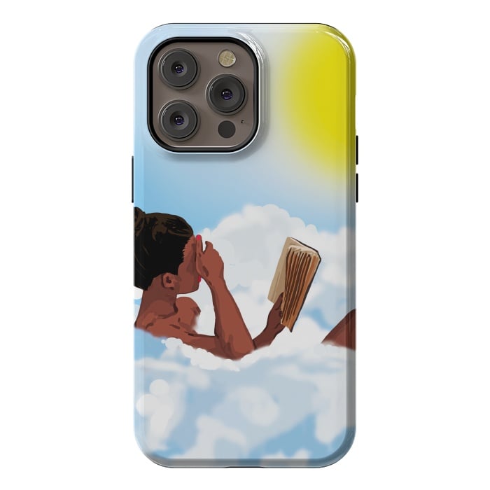 iPhone 14 Pro max StrongFit Reading on Clouds, Black Woman Summer Sunny Day Book Painting, Bohemian Nude by Uma Prabhakar Gokhale