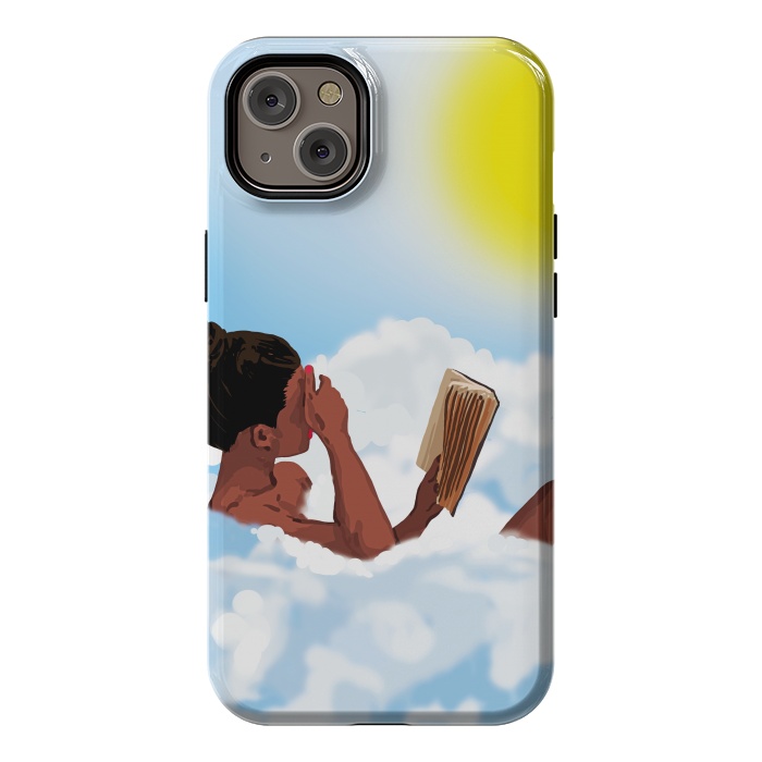 iPhone 14 Plus StrongFit Reading on Clouds, Black Woman Summer Sunny Day Book Painting, Bohemian Nude by Uma Prabhakar Gokhale