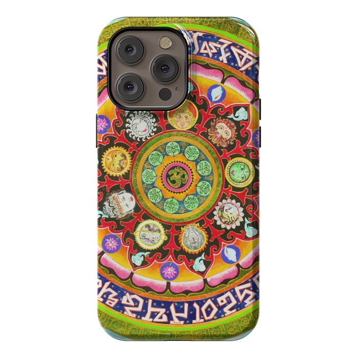 iPhone 14 Pro max StrongFit Chakra Mandala, Ayurveda Yoga Aum, Eclectic Colorful Bohemian Sun Sign Moon Sign Zodiac Astrology by Uma Prabhakar Gokhale
