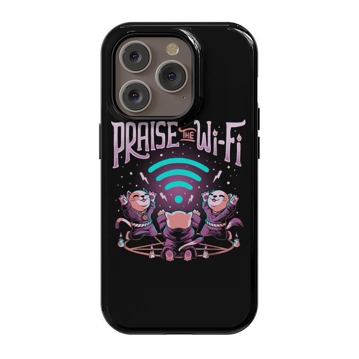 iPhone 14 Pro StrongFit Praise the Wifi Funny Evil Worship Cats by eduely