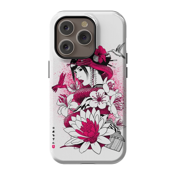 iPhone 14 Pro StrongFit Geisha with snake and hummingbirds by Alberto