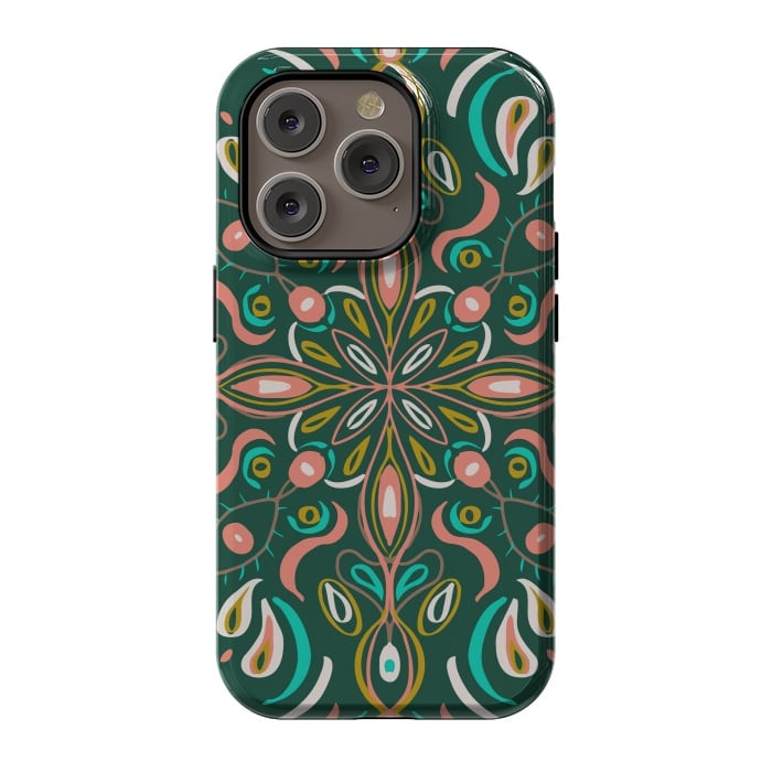 iPhone 14 Pro StrongFit Bold Boho Mandala in Green Coral and Gold by ECMazur 