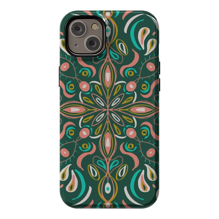 iPhone 14 Plus StrongFit Bold Boho Mandala in Green Coral and Gold by ECMazur 