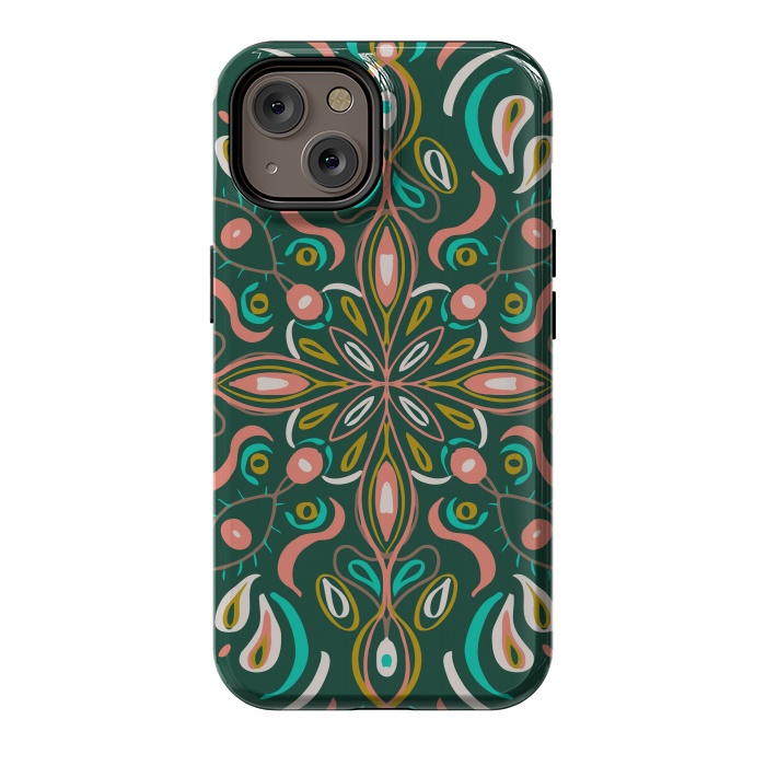 iPhone 14 StrongFit Bold Boho Mandala in Green Coral and Gold by ECMazur 