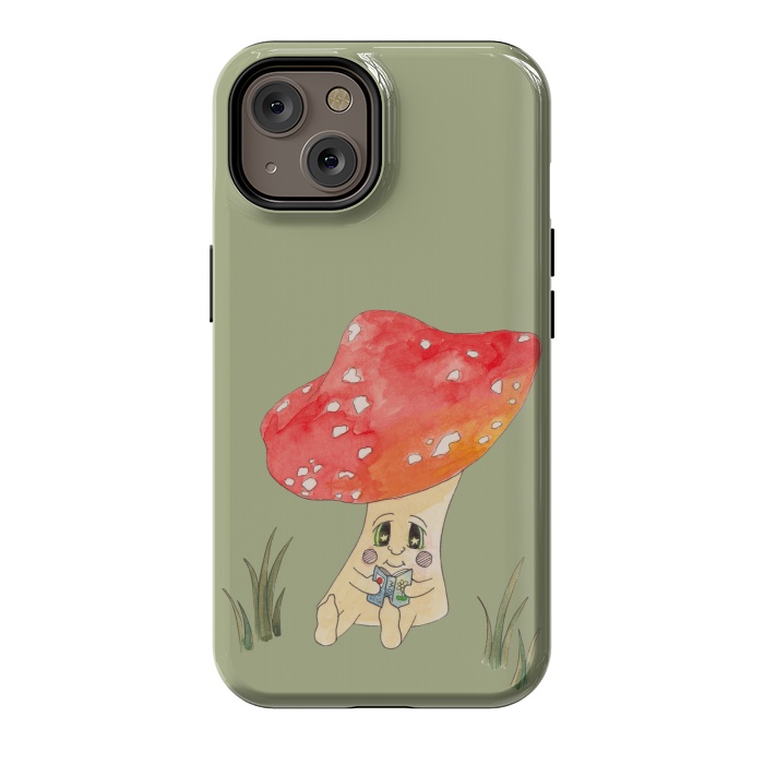 iPhone 14 StrongFit Cute Watercolour Mushroom Reading 4 by ECMazur 