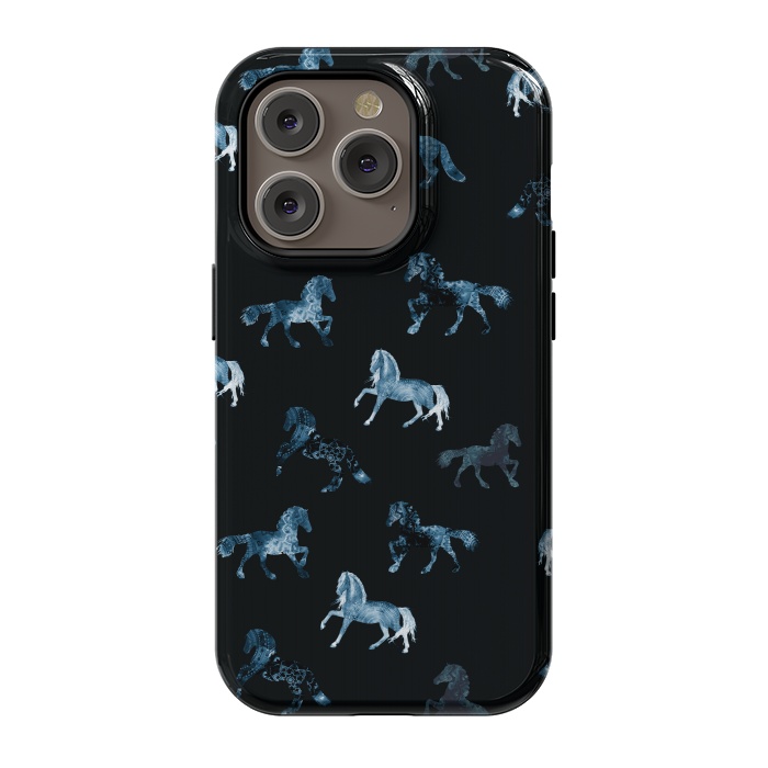 iPhone 14 Pro StrongFit Horse pattern - blue watercolor horses  by Oana 