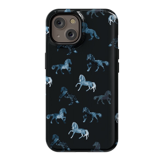 iPhone 14 StrongFit Horse pattern - blue watercolor horses  by Oana 