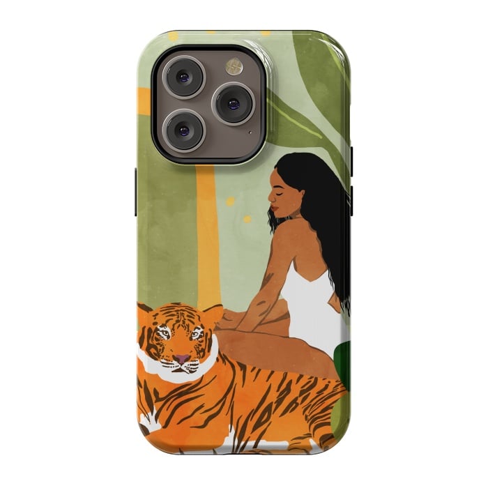 iPhone 14 Pro StrongFit Just You & Me | Tiger Urban Jungle Friendship | Wild Cat Bohemian Black Woman with Pet by Uma Prabhakar Gokhale