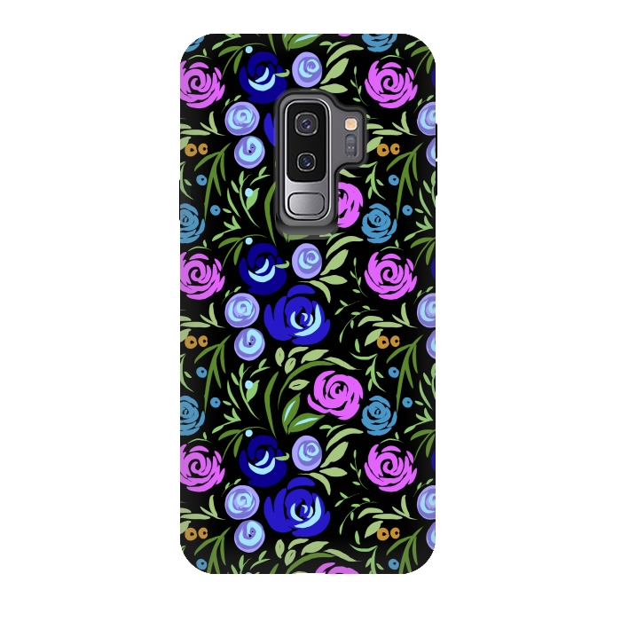 Galaxy S9 plus StrongFit Floral design with tiny roses blue pink pattern by Josie