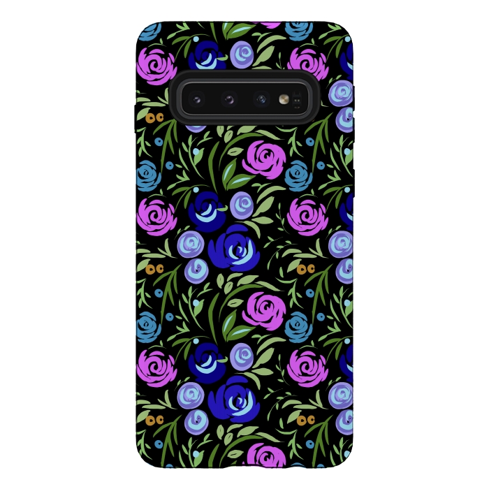 Galaxy S10 StrongFit Floral design with tiny roses blue pink pattern by Josie