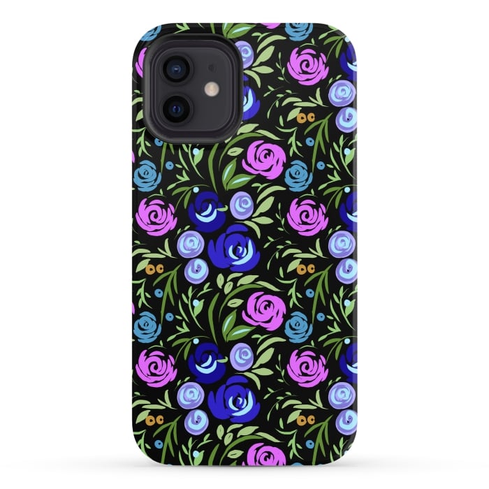 iPhone 12 StrongFit Floral design with tiny roses blue pink pattern by Josie