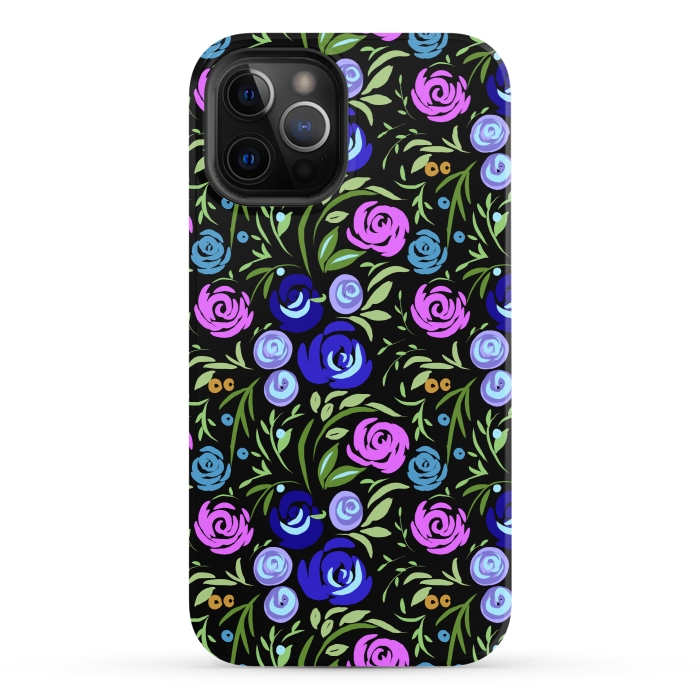 iPhone 12 Pro StrongFit Floral design with tiny roses blue pink pattern by Josie