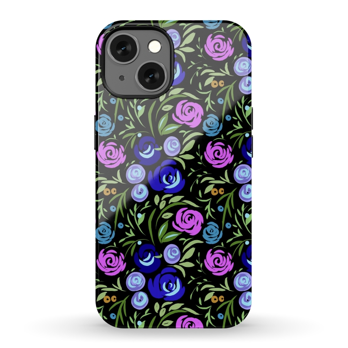 iPhone 13 StrongFit Floral design with tiny roses blue pink pattern by Josie