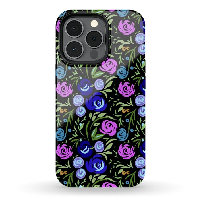 iPhone 13 pro StrongFit Floral design with tiny roses blue pink pattern by Josie
