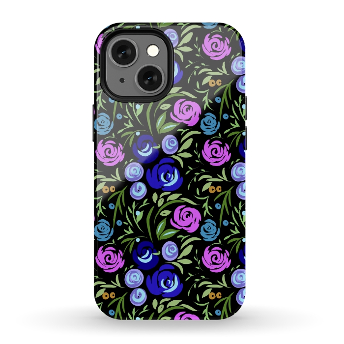 iPhone 13 mini StrongFit Floral design with tiny roses blue pink pattern by Josie