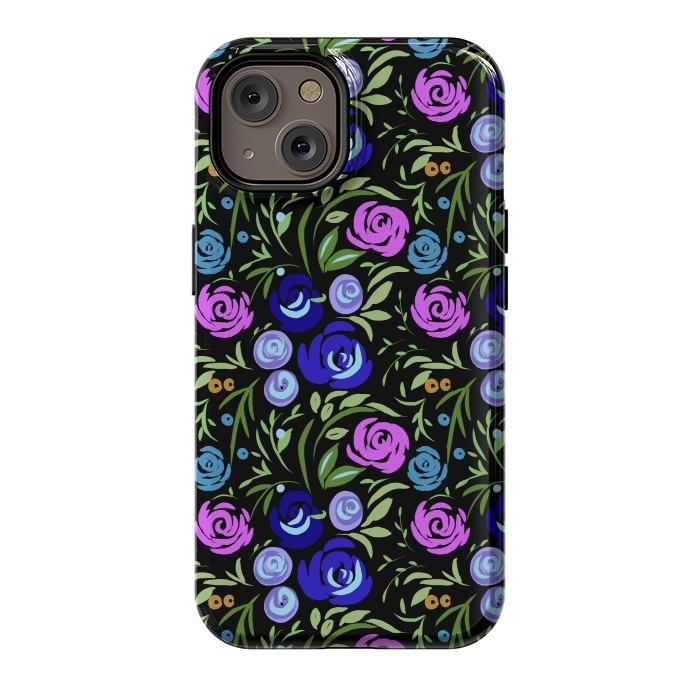 iPhone 14 StrongFit Floral design with tiny roses blue pink pattern by Josie