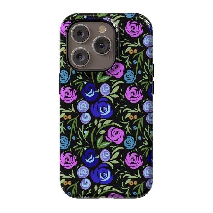 iPhone 14 Pro StrongFit Floral design with tiny roses blue pink pattern by Josie