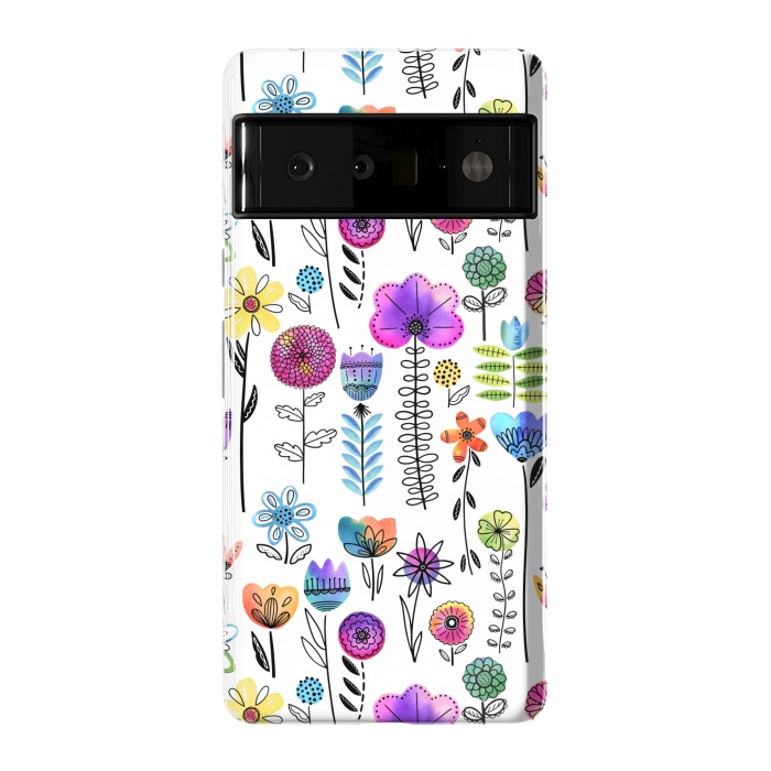 Pixel 6 Pro StrongFit Bright Watercolor and Line Art Flowers by Noonday Design