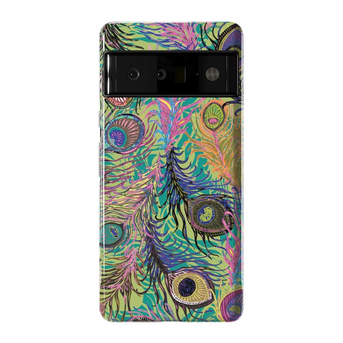 Pixel 6 Pro StrongFit Peacock Feathers in Lime Green & Pink by Lotti Brown