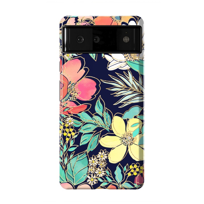 Pixel 6 StrongFit Cute girly pink floral golden strokes design by InovArts