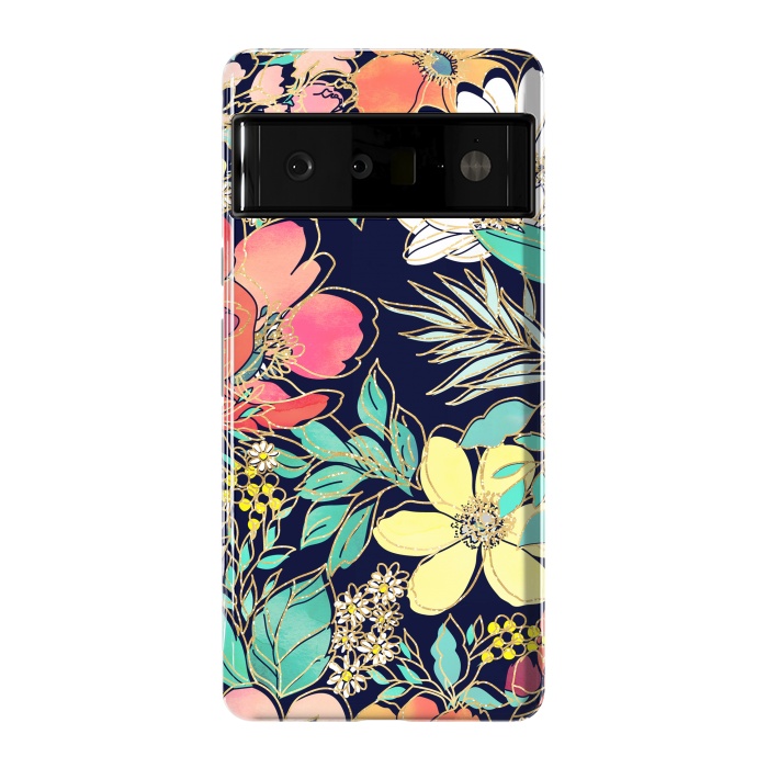 Pixel 6 Pro StrongFit Cute girly pink floral golden strokes design by InovArts