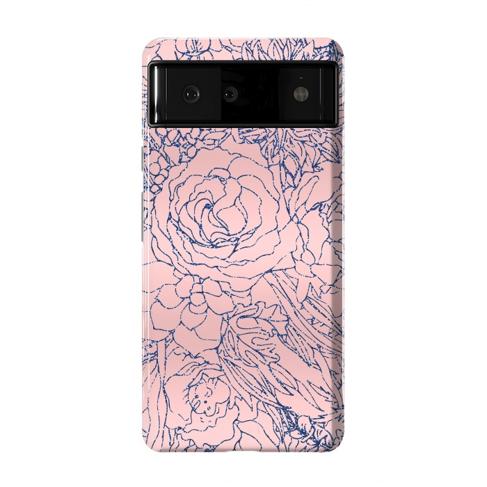 Pixel 6 StrongFit Stylish Metallic Navy Blue and Pink Floral Design by InovArts
