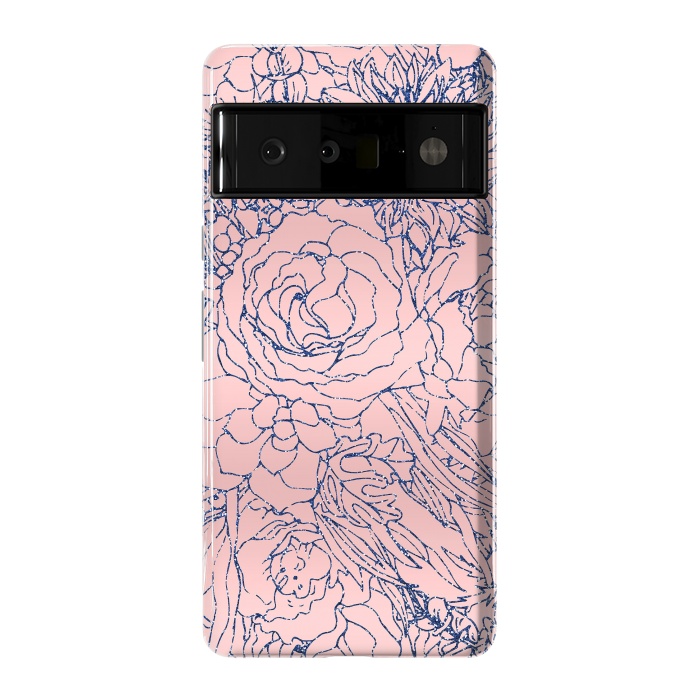 Pixel 6 Pro StrongFit Stylish Metallic Navy Blue and Pink Floral Design by InovArts