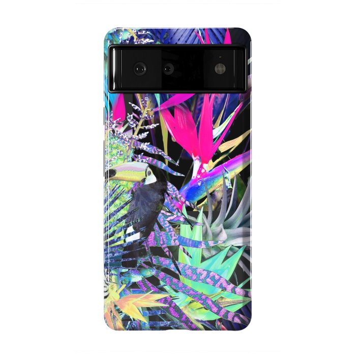 Pixel 6 StrongFit Colorful neon toucan and strelitzia jungle pattern by Oana 