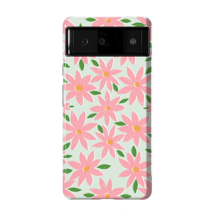 Pixel 6 StrongFit Pretty Hand Paint Pink Daisy Flowers Mint Design by InovArts