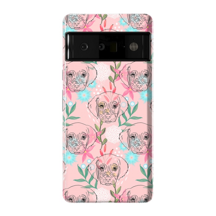 Pixel 6 Pro StrongFit Cute Puppy Dog and Flowers Pink Creative Art by InovArts