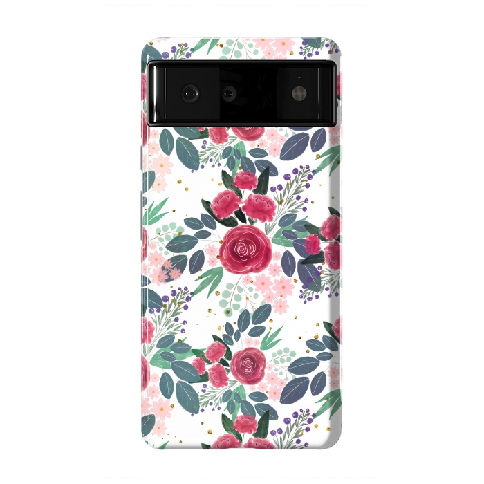 Pixel 6 StrongFit Cute Rose Pink Peonies Watercolor Paint Gold Dots Design by InovArts