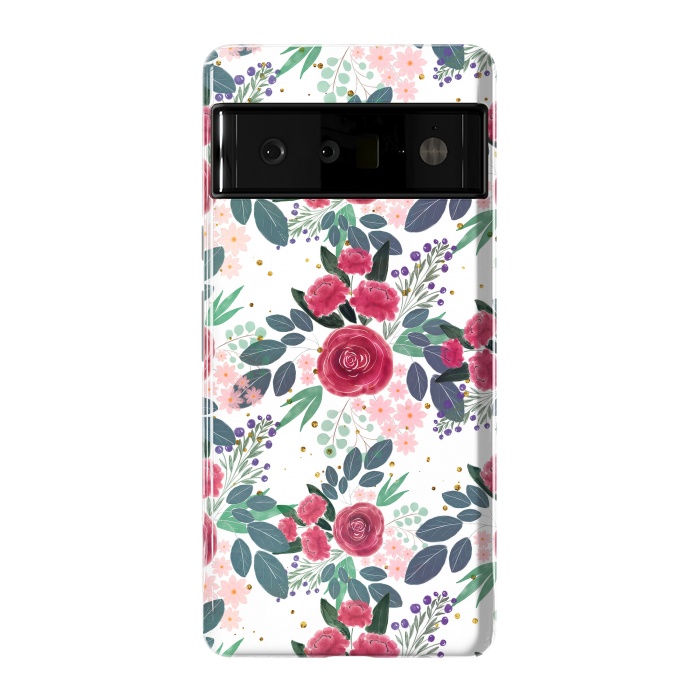 Pixel 6 Pro StrongFit Cute Rose Pink Peonies Watercolor Paint Gold Dots Design by InovArts