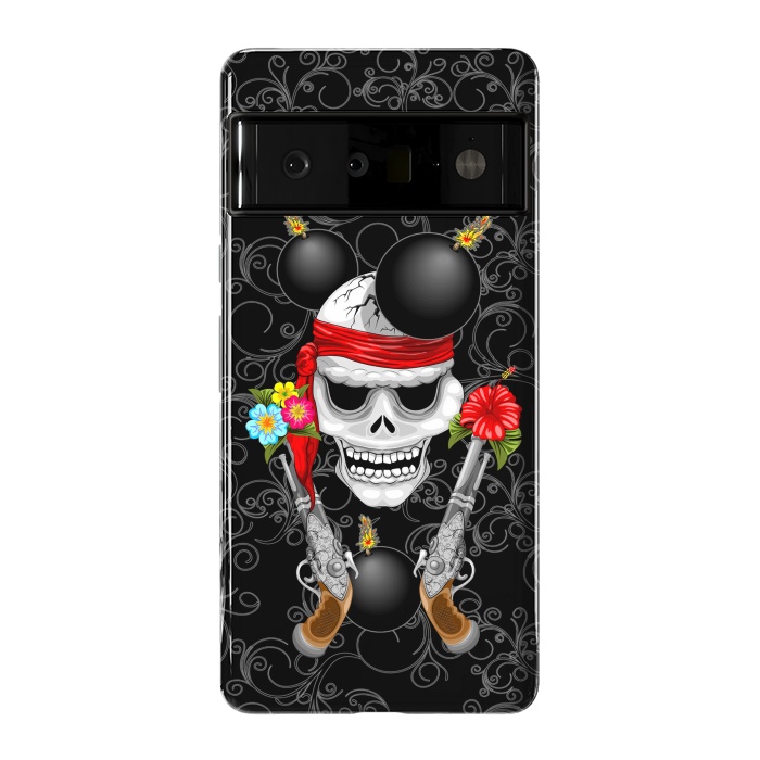 Pixel 6 Pro StrongFit Pirate Skull, Ancient Guns, Flowers and Cannonballs by BluedarkArt
