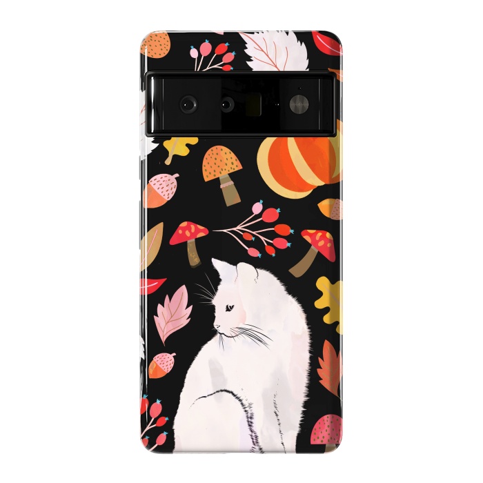 Pixel 6 Pro StrongFit Autumn nature pattern with white cat by Oana 