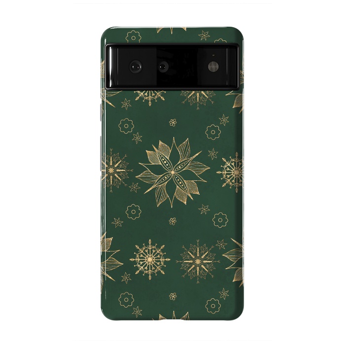Pixel 6 StrongFit Elegant Gold Green Poinsettias Snowflakes Winter Design by InovArts