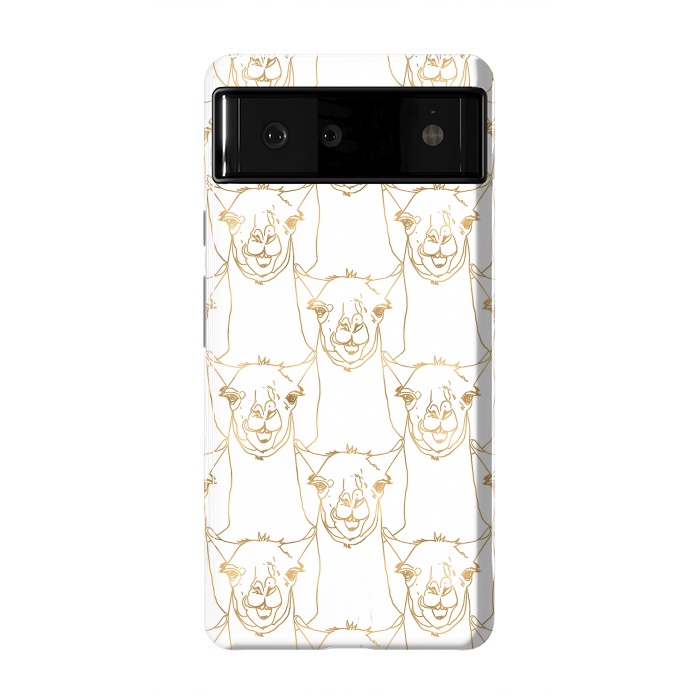 Pixel 6 StrongFit Cute Gold Strokes Llama Animal White Pattern by InovArts